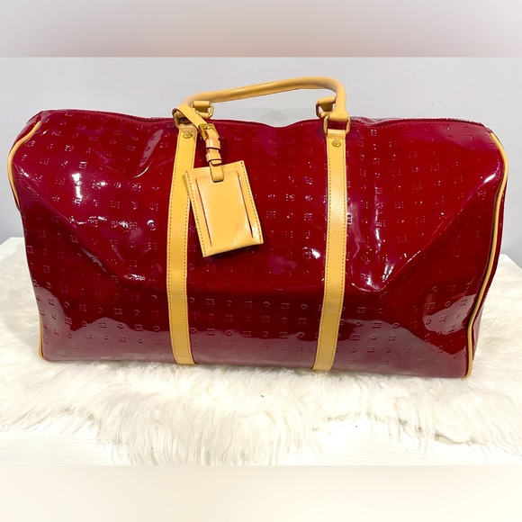 Arcadia Handbags - ARCADIA Italian Italy Red Embossed Logo Patent leather Travel Tote bag